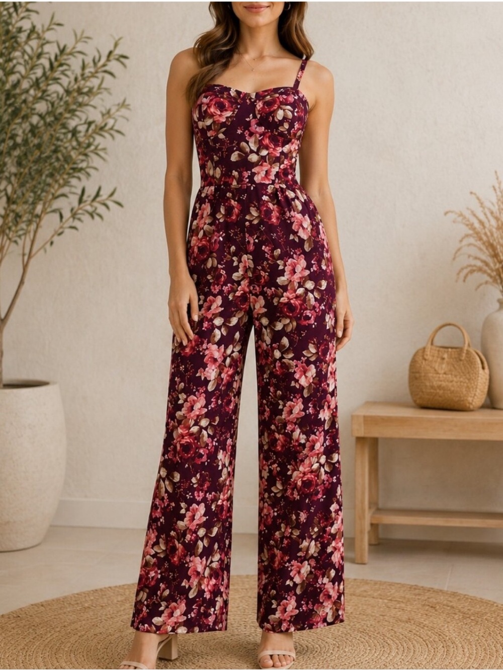 AUW Floral Spaghetti-Strap Jumpsuit